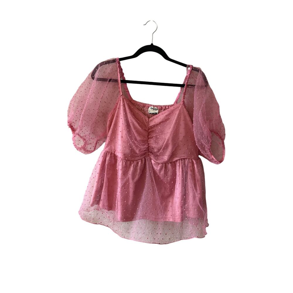 Arula Size A 1X 14/16 Pink Swiss Dot Mesh Puff Sleeve Babydoll Top - Picture 2 of 9
